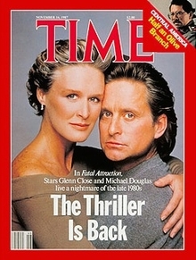 Fatal Attraction, a major box office success in 1987, was featured on the cover of Time magazine and is credited with kicking off the erotic thriller film craze. Fatal Attraction Time cover.jpg
