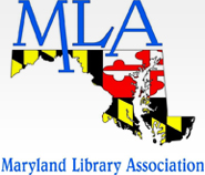 image dari negara bagian Maryland dengan MD bendera ditumpangkan dengan MLA huruf dan kata-kata Maryland Library Association