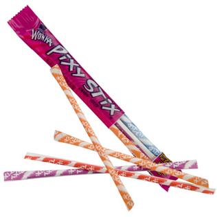 Pixy Stix is a sweet and sour colored powdered candy usually packaged in a wrapper that resembles a drinking straw. Pixy Stix is a registered trademark of Société des Produits Nestlé S.A., Vevey, Switzerland.