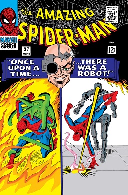 In his first appearance, Mendel Stromm watches as Spider-Man battles two of his robots. From The Amazing Spider-Man #37.