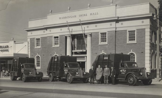 File:Warringah Shire Council 'Sanivans' outside the Shire Hall, 1954.jpg