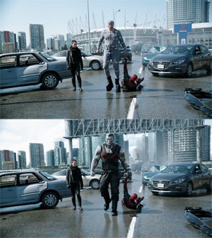 Top: Andre Tricoteux (center) on set as Colossus, wearing a gray tracking suit Bottom: Completed shot, with CG Colossus by Digital Domain and environment by Atomic Fiction