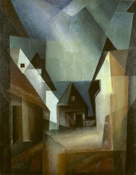 Lyonel Feininger, 1924, Gaberndorf II, oil on canvas mounted on board, (39 7/16 × 30 3/4 in) Included in Nelson-Atkins Museum of Art, 46-10