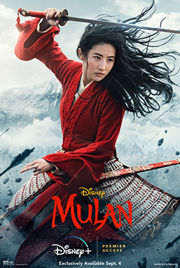 Mulan holding her sword which foreshadows her male persona as she stares toward the viewer while the film's logo beneath her.
