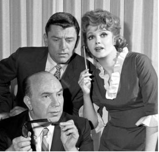 Clockwise from top: Cast members Frank Aletter, Cara Williams, and Paul Reed in a promotional photograph for The Cara Williams Show.
