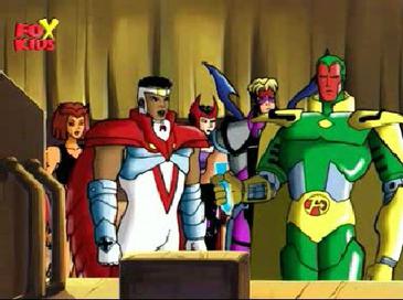 Part of the Avengers roster. Left to right: Tigra, Falcon, Scarlet Witch, Hawkeye and Vision.