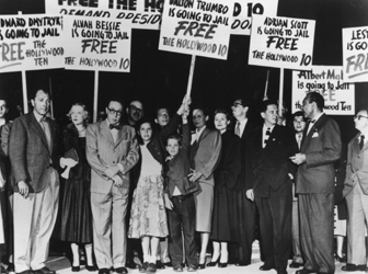 Members of the Hollywood Ten and their families in 1950, protesting the impending incarceration of the ten H10Protest.gif