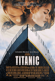 The film poster shows a man and a woman hugging over a picture of the Titanic