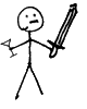 A crude stick-figure drawing of a man with a sword in his left hand and a martini glass in his right hand.