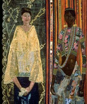 Filipina: A racial identity crisis (1990). Acrylic, handwoven cloth, dyed yarn, beads, gold thread on stitched and padded canvas. The painting is considered as Abad's greatest work on canvas.