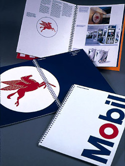 The visual brand identity manual for Mobil Oil (developed by Chermayeff & Geismar & Haviv), one of the first visual identities to integrate logotype, icon, alphabet, color palette, and station architecture