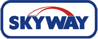 Ancien logo Skyway : le mot "Skyway" en bleu et une arche rouge sur fond blanc