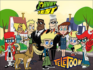 Promotional image featuring a majority of the series' characters. Left to right: Susan Test, Gil, Dukey (foreground), Hugh Test, Mr. White, Johnny Test, Mr. Black, Lila Test, Sissy Blakely, Mary Test.
