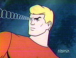 Aquaman in The Superman/Aquaman Hour of Adventure, here shown concentrating and looking over his right shoulder. Concentric rings are shown coming from his forehead as a special effect related to his telepathic control of and communication with fish.