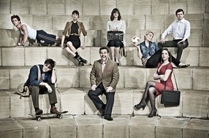 The main characters in Campus. Top row, left-to-right, Flatpack (Bailey), Lydia Tennant (Wells), Imogen Moffat (Jackson), Nicole Huggins (Pascoe) and Jason Armitage (Adamsdale); Bottom row, left-to-right, Matt Beer (Millson), Jonty de Wolfe (Nyman) and George Bryan (Ryan). Campus Cast.jpg