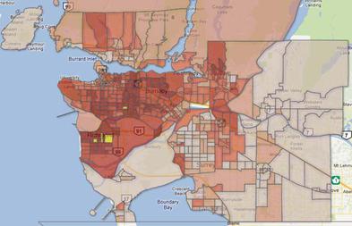 Geographic distribution of residents of Chinese ancestry in Greater Vancouver