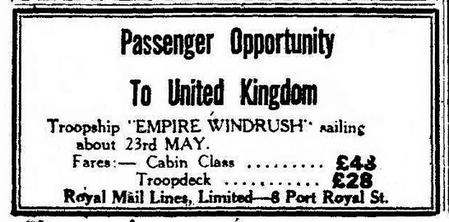 File:Newspaper advert for passengers to sail on Empire Windrush.jpg