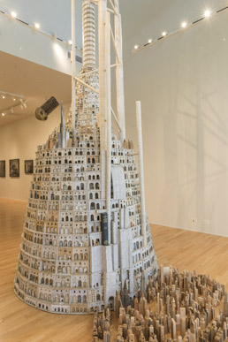 Lothar Osterburg, The Tower of Babel, wood, cardstock and book pages, dimensions varying, 7' x 7' x 28', 2017. Installation at the Esther Massry Gallery, Albany, New York. Lothar Osterburg The Tower of Babel 2015.jpg
