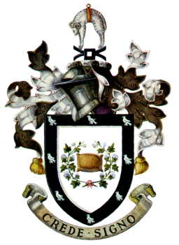 The coat of arms of the former Municipal, and later County Borough of Rochdale council, granted 20 February 1857. The arms incorporate references to Rochdale's early industries and lords.[33]