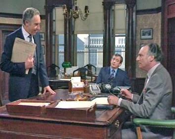 The three main characters in the Minister's Office of the Department of Administrative Affairs: from left, Sir Humphrey Appleby, Bernard Woolley and Jim Hacker