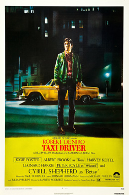 At night, a man stands in front of a bright yellow taxi while looking to the side. Underneath him, the words "Robert De Niro" and "Taxi Driver" appear in red font on a yellow background.