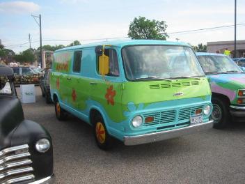 A 1968 Chevrolet Sportvan 108 painted to look like The Mystery Machine from Scooby-Doo. A number of Scooby fans have decorated vans in this fashion.