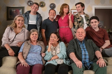 Promotional photo of main characters in the seventh series of Two Doors Down
Sitting: (from left to right) Michelle (Joy McAvoy), Christine (Elaine C. Smith), Beth (Arabella Weir), Eric (Alex Norton), Ian (Jamie Quinn)
Standing: (from left to right) Alan (Grado Stevely), Colin (Jonathan Watson), Cathy (Doon Mackichan), Gordon (Kieran Hodgson) Two Doors Down Cast.jpg