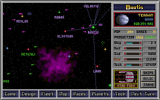 The main screen, showing the planetary management controls on the right.