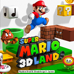 Mario is jumping in an area with various enemies and blocks. A shadow behind him features him wearing the "Tanooki Suit". The game's logo appears underneath.