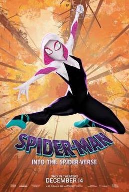 Spider-Gwen as depicted in Spider-Man: Into the Spider-Verse. The film marked her first cinematic appearance and her role was first revealed in a second trailer of the film voiced by Hailee Steinfeld.[69]