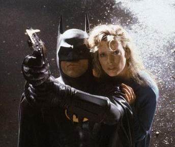 Kim Basinger as Vicki Vale (right), with Michael Keaton as Batman in the 1989 Batman movie.