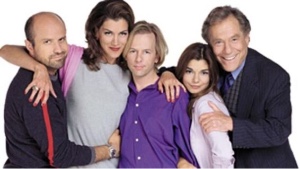 The series main cast, from left to right: Malick, Segal, Spade (seated), San Giacomo, and Colantoni