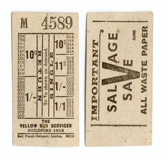 Front and reverse views of a Yellow Bus Services ticket issued during World War II Yellow bus ticket.jpg
