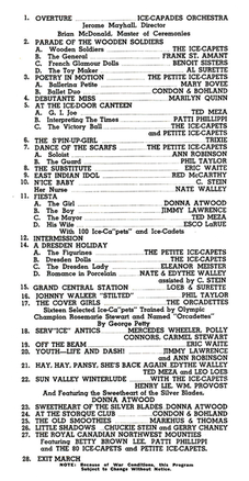 Ice Capades program from 1945, showing the many production numbers, and the large size of the cast. Single-themed shows had not yet been developed. IceCapades1945.png