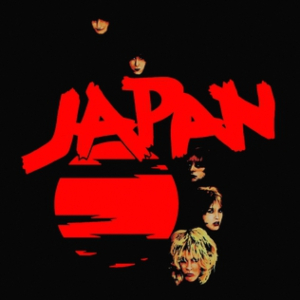 An oriental-style painting of the men in glam dress-up, alongside a red moon and "Japan" in big red letters, all in front of a black background.