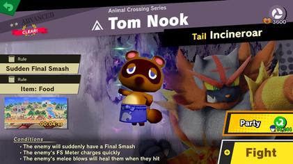 A typical spirit battle. Here, players must fight an Incineroar meant to represent Tom Nook from the Animal Crossing series.