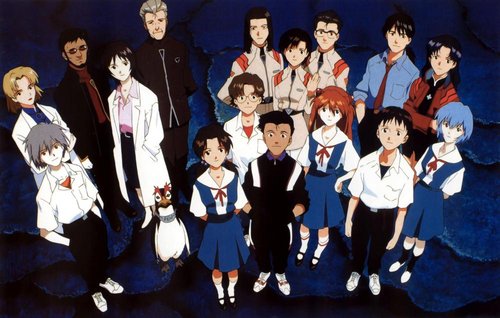 The cast of Neon Genesis Evangelion as depicted on the Japanese "Genesis" (volume) 14 laserdisc and VHS cover