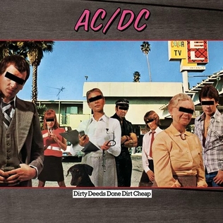 In a motel parking lot, various people dressed in clothing for different job roles with their eyes covered with a black bar. A black dog stands behind a veterinarian. The band's name (labeled as "AC/DC") is on the top in pink text with the album title placed in a white box with black text.