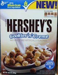 A box of Hershey's Cookies 'n' Creme cereal at a convenience store. Hershey's Cookies 'n' Creme Cereal.JPG