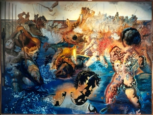 Tuna Fishing  was painted by Salvador Dalí in 1966–1967 and is seen by many as one of Dalí's last masterpieces. Filled chaotically with the violent struggle of the men in the picture and the big fish. A golden knife stabs into the fish and the azure-blue sea becomes red with blood.