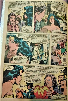 A significant change in the iconography of Wonder Woman's costume occurred in the special Wonder Woman story insert in DC Comics Presents #41. The eagle design on her breastplate was changed to a 'double-W' design. Art by Gene Colan.