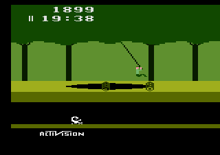 In the Atari 2600 original, Pitfall Harry swings over a pit.