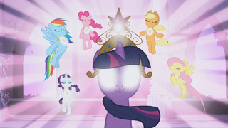 Twilight Sparkle (centre) with glowing eyes and a golden tiara (element of magic) and her friends Applejack, Fluttershy, Rarity, Rainbow Dash, and Pinkie Pie (clockwise from top right), who are wearing glowing, golden necklaces
