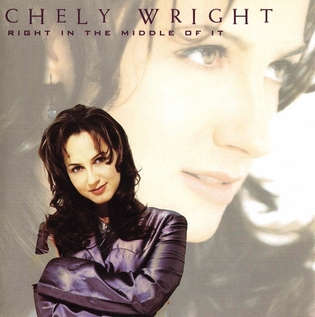 A woman in a purple suit with her arms crossed. The background is another image of the same woman, facing to the right. At the top left is text reading "Chely Wright" and "Right in the Middle of It".