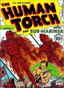 Toro makes his first appearance (right) appearing alongside his mentor the original Human Torch. From Human Torch Comics #2