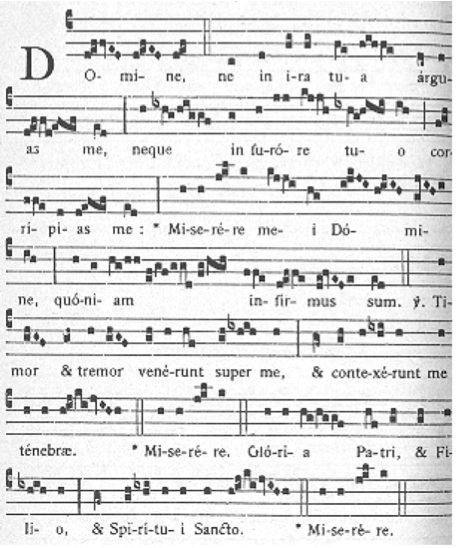 The responsory Domine ne in ira in square notation for the first Sunday after Epiphany, from the Liber Responsorialis juxta Ritum Monasticum, Solesmes, 1895, page 398. The third double bar indicates where the partial respond, Miserere mei Domine, quoniam infirmus sum, will be repeated after the singing of the verse. This responsory includes a half-doxology and a final repetition of the partial respond after it.