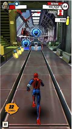 This screenshot from the Unlimited Mode shows the Ben Reilly Spider-Man running towards S.H.I.E.L.D. bombs that can be flung to hit the boss on the top of the screen, Red Vulture. HUD features clockwise from bottom left: combo count, the boss's health, the remaining time to defeat the boss, the player's score and score multiplier, another person's score, and the number of vials the player has.