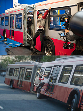 Original plate (top) and the completed shot (bottom) of the film's bus fight sequence
