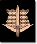 a bayonet with wings in front of a tower (all in beige) against a black background