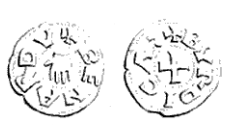 Sketch of an obol with the inscription +BENARDU +BURDIGA. Minted in Bernard's name at Bordeaux. On the obverse a human hand, on the reverse a cross. Obol of Bernard William, Duke of Gascony.PNG
